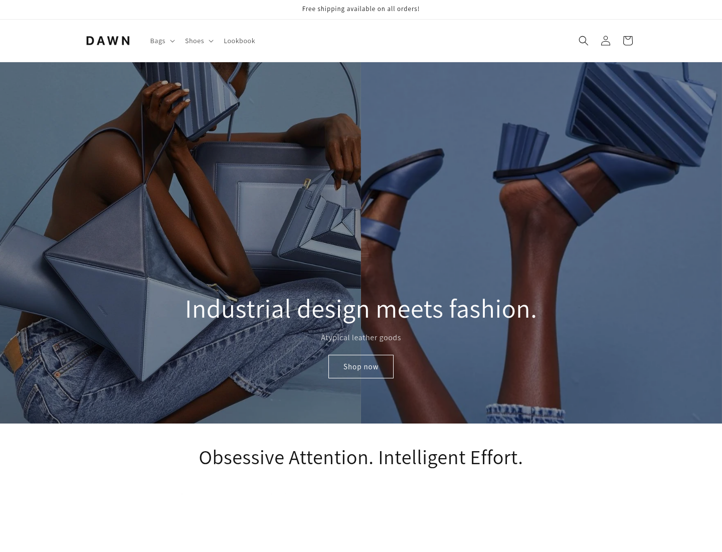 Dawn official Shopify theme demo. Bags and fashion. Not a client.